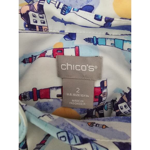 Chico's Multicolor Novelty Light House Button Up Long Sleeve Women Blouse 2 - M - Picture 4 of 6
